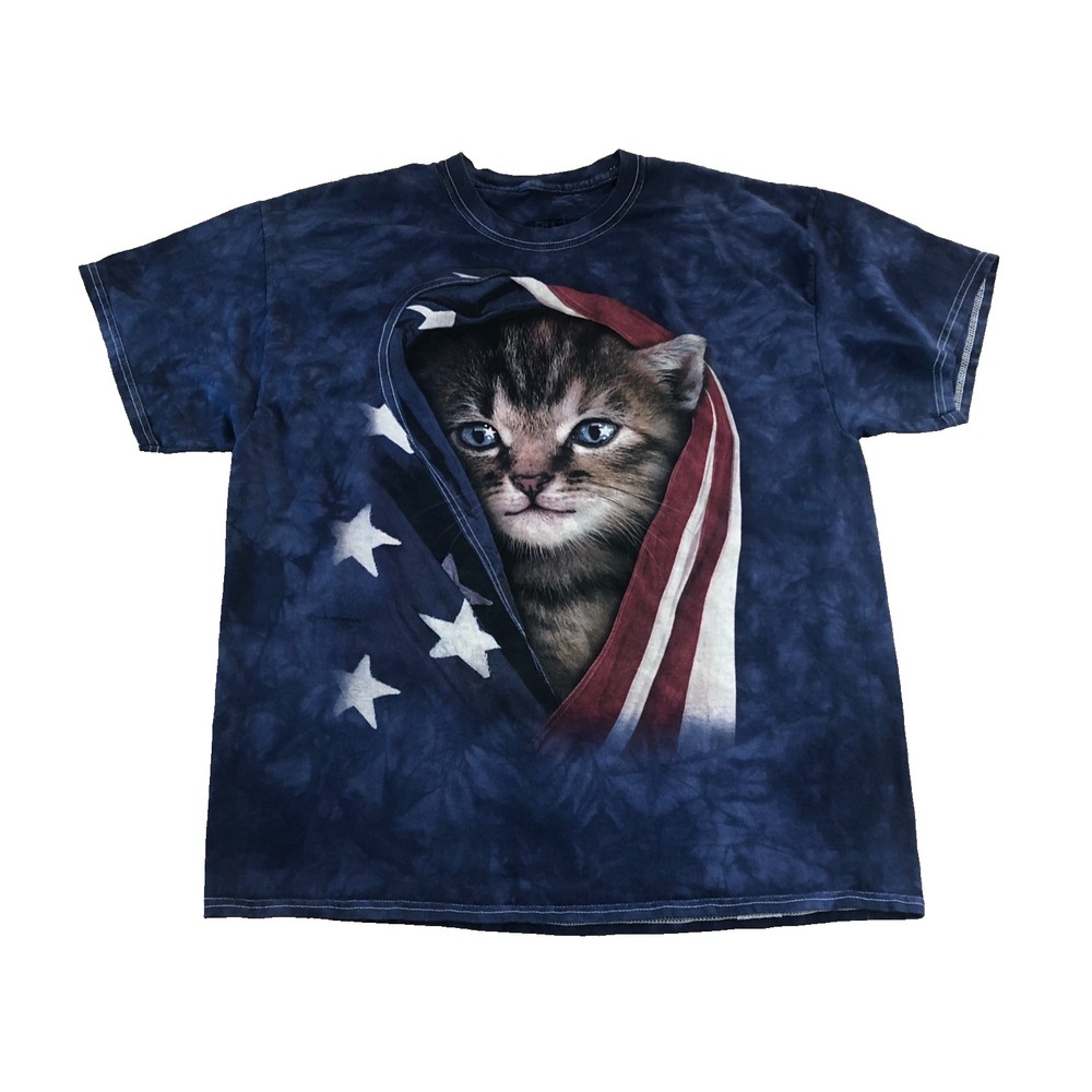 The Mountain Unisex T Shirt Blue Red Dyed Big Face Kitten Cat American Flag XL